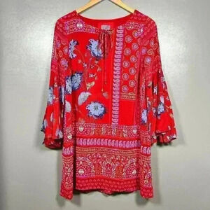 VANESSA VIRGINIA Red Bell Sleeve 100% Silk Peasant Dress Flowy Relaxed Women 4P